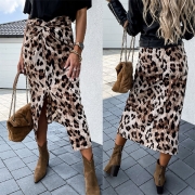 Fashion High Waist Slit Hem Leopard Printed Slim Fit Skirt