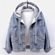 Fashion Detachable Hooded Back-button Plush Lining Denim Coat(Size Run Small)