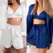 Casual Satin Three-piece Loungewear Set Consist of Robe, Crop Top and  Drawstring Shorts