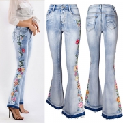 Vintage Old Washed Floral Embroidery Wide-leg Denim Jeans
