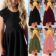Fashion Solid Color Round Neck Ruffle Cap Sleeve High-low Hemline Dress for Kids