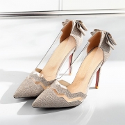 Stiletto pointed toe back bow half transparent high heels