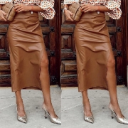 Fashion Solid Color Mid-waist Slit Artificial Leather PU Pencil Skirt
