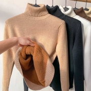 Fashion Solid Color Turtleneck Long Sleeve Plush Lined Shirt
