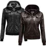 Modern Artificial Leather PU Jacket with Detachable Hood and Ribbed Cuff