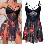 Fashion Lace Spliced Gauze Floral Printed Slit Nightwear Dress