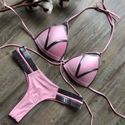 Gold-Stamped Fabric-Stitched Bikini Swimsuit