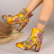 Retro Embroidered Chunky Heel Ankle Boots
