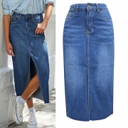 Fashion High-rise Front Slit Old-washed Denim Skirt