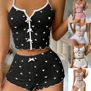 Fashion Heart Printed Bowknot Two-piece Nightwear Set