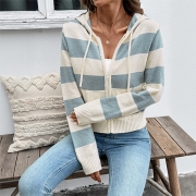 Fashion Contrast Color Stripe Drawstring Hooded Long Sleeve Kangaroo Pockets Knitted Cardigan
