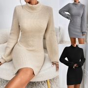 Fashion Solid Color Turtleneck Long Sleeve Knitted Bodycon Sweater Dress