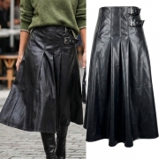 Street Fashion High-rise Side Buckle Artificial Leather PU Midi Skirt