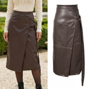 Fashion High-rise Side Buckle Artificial Leather PU Wrap Skirt