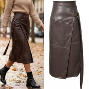 Fashion High-rise Side Buckle Artificial Leather PU Wrap Skirt