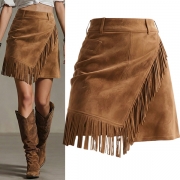 Vintage High-rise Side Slit Irregular Hemline Tassle Skirt