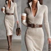 Fashion Stand Collar V-neck Long Sleeve Knitted Sweater Dress