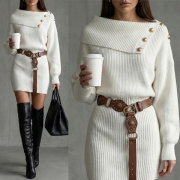 Fashion Button Lapel Neckline Batwing Sleeve Knitted Bodycon Dress