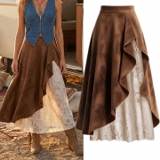 Women's Western Faux Suede Midi Skirt - High Waist Lace Patchwork with Ruffle Hem