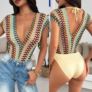 70s Retro-Boho Multicolor Wave Open-knit Plunging V-Neck Cap Sleeve Bodysuit
