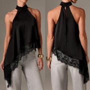 Fashion Halterneck Lace Spliced Irregular Hemline Shirt