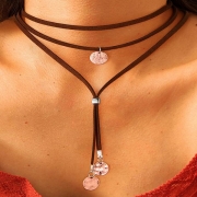 Edgy Boho Wrap Necklace -Black/Brown Faux Suede Layered Choker with Hammered Silver Coins