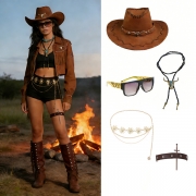 Festival Ready: 5-Piece Western Cowgirl Accessory Set - Includes Cowboy Hat, Bull Bolo Tie, Sun Chain Belt, Shield Sunglasses & Dagger Thigh Garter