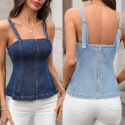 Street Fashion Square Neck Back Zipper Denim Cami Top