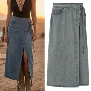 Vintage Tint Denim Maxi Skirt - High Waisted Wrap Tie-Side Split Jean Skirt Y2K Grunge