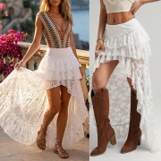 Women's Boho High-Low Lace Skirt - Tiered Ruffle Asymmetrical Hemline Midi Skirt for Festivals & Beach