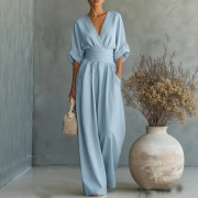 Women's Boho Wide Leg Jumpsuit - V Neck Batwing Sleeve High Waisted Summer Romper with Pockets