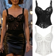 Women's Sexy Black Lace Corset Top - Sheer Floral Bustier Crop Top with Ruffle Straps