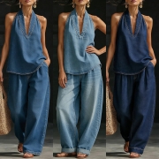 Women's Two-Piece Denim Outfit Consist of Halter V-Neck Sleeveless Top and Wide Leg Pants Matching Set