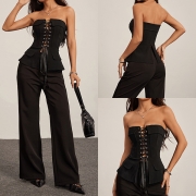 Women's Strapless Corset Top- Front Lace-Up Back Slit Peplum Bustier with Pockets