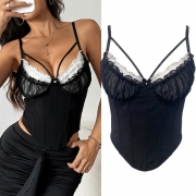 Women's Coquette Lace Trim Corset Top Ruched Sweetheart Strappy Cutout Bustier
