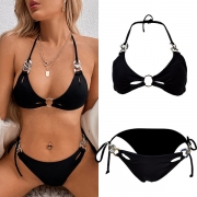 Sexy Black Low-cut Push Up Bikini Set with Metal Ring