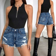 Fashion Heavy Distressed Frayed Hemline Old-washed Denim Shorts