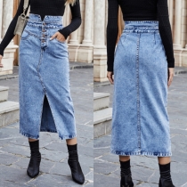 Fashion High-Waist Front Slit Denim Skirt