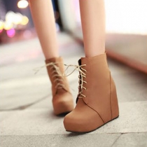 Stylish Elegant Roman Style Pure Color Wedge Lace-up Booties