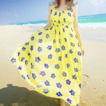 Blue Floral Print Maxi Halter Dress Beach Sundress 