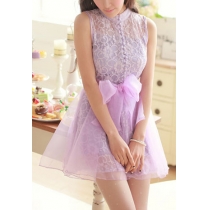 Bowknot Mesh Lace High Neck Button Front Tank Dress