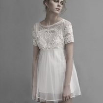 Short Sleeve Embroidery High Waist White Pleated Dress 