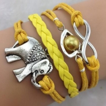 Antique Silver Elephant Pendant Bead Yellow Multi-layer String Bracelet 