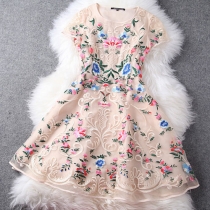 Gorgeous Bodycon Mixed Color Flower Embroidery Cap Sleeve Party Skater Dress 
