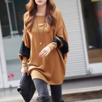 Casual Batwing Sleeve Contrast Color Loose Fitting Pullover Shirt