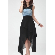Asymmetric Tiered High Waist Pleated Sleeveless Maxi Dress 