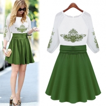 Celebrity Short Sleeve Wide Waistband Green Embroidery Dress 