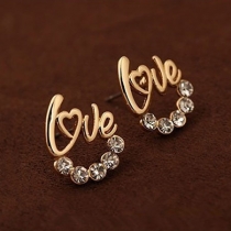 Gold Color Romantic Rhinestone Love Stud Earring 