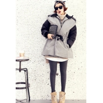 Trendsetting Cool Mixing Color Sash Hood Fake Two-piece Warm Coat