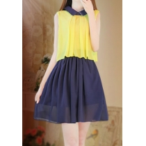 Contrast Color Sweet Peter Pan Collar Pleated Tank Dress 